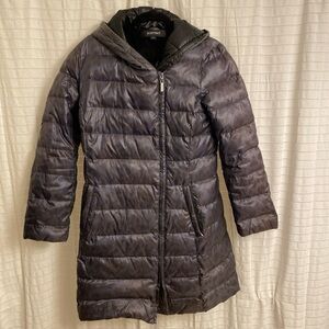 Ellen Tracy Puffer Jacket Long Women’s Small Purple Black Zip Winter Snow Hood
